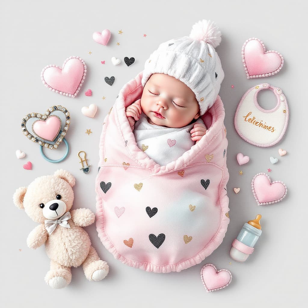 AI generated: watercolor style chic bling glamours fabulous, cute baby raddle, pacifier, teddy bear, baby bottle. ...
