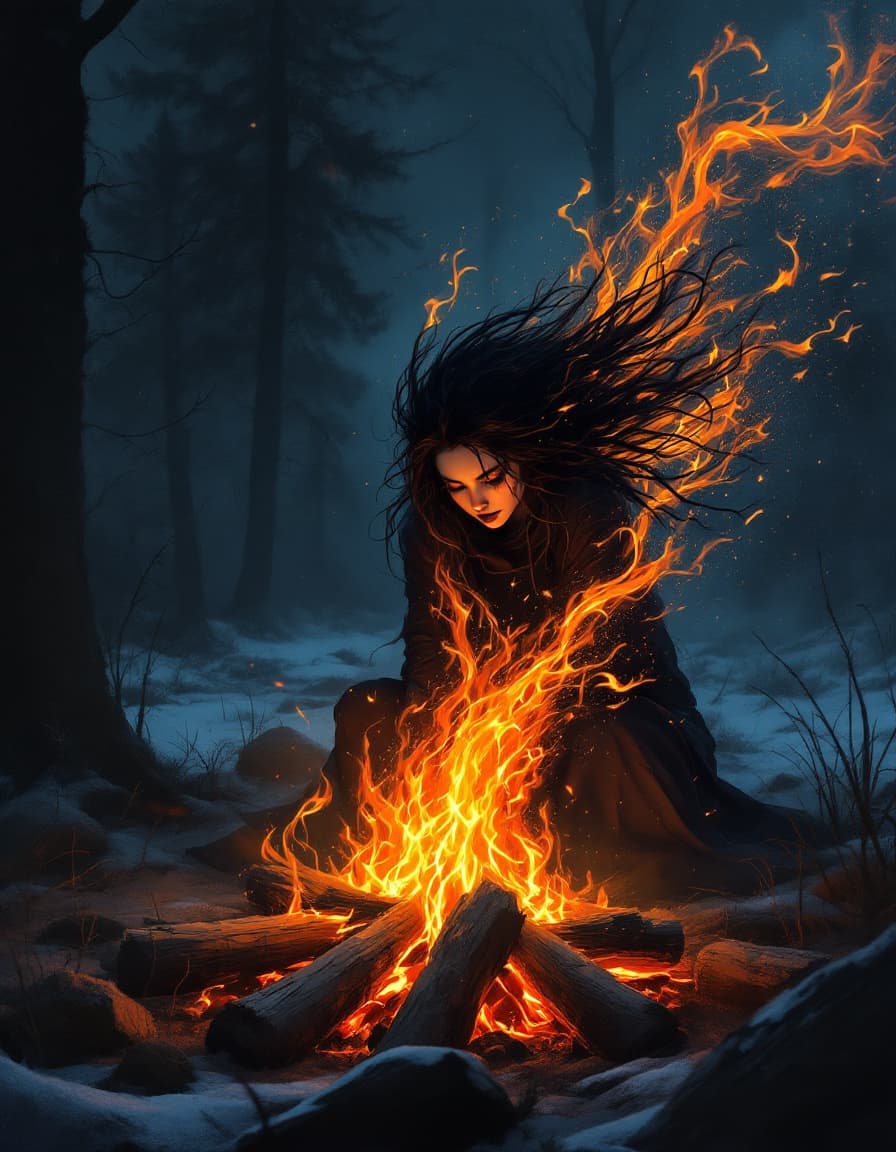AI generated: There is a fiery spirit in the campfire, a girl made of fire, gloomy dark Slavic fantasy,illustratio...