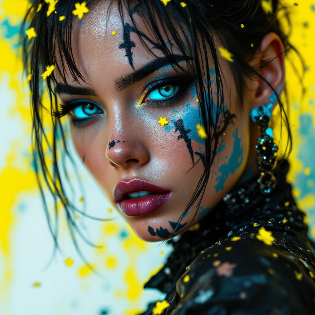 AI generated: Editorial Vivienne Tam photography of a gothic punk rebel ciruela[woman] with neon blue and black ta...
