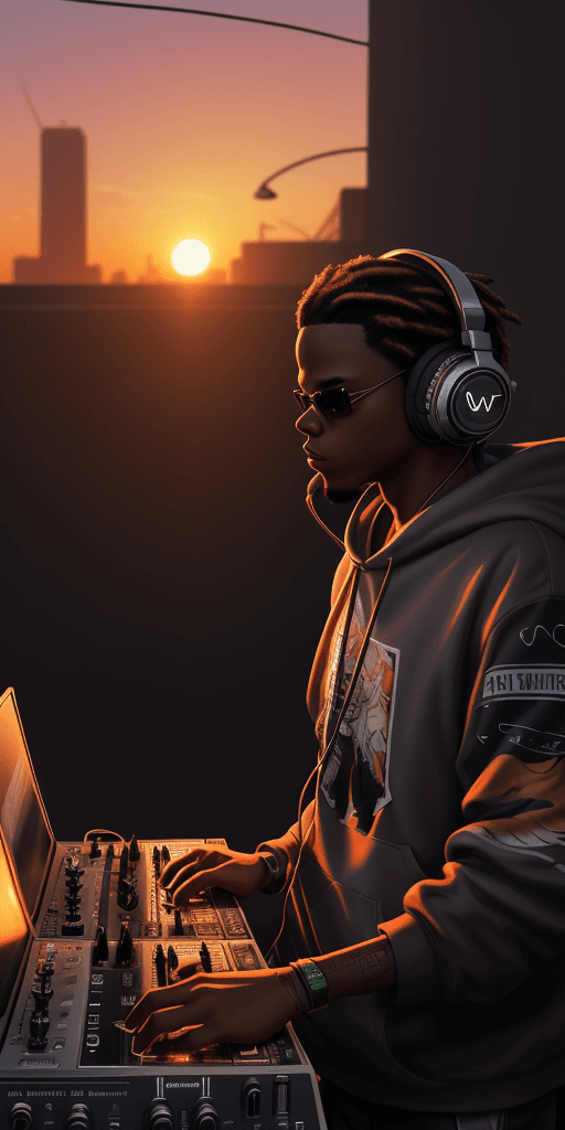 AI generated: (nvinkpunk:1.2) (snthwve style:0.8) DJ eagle, headphone, anthro, lightwave, sunset, intricate, highl...