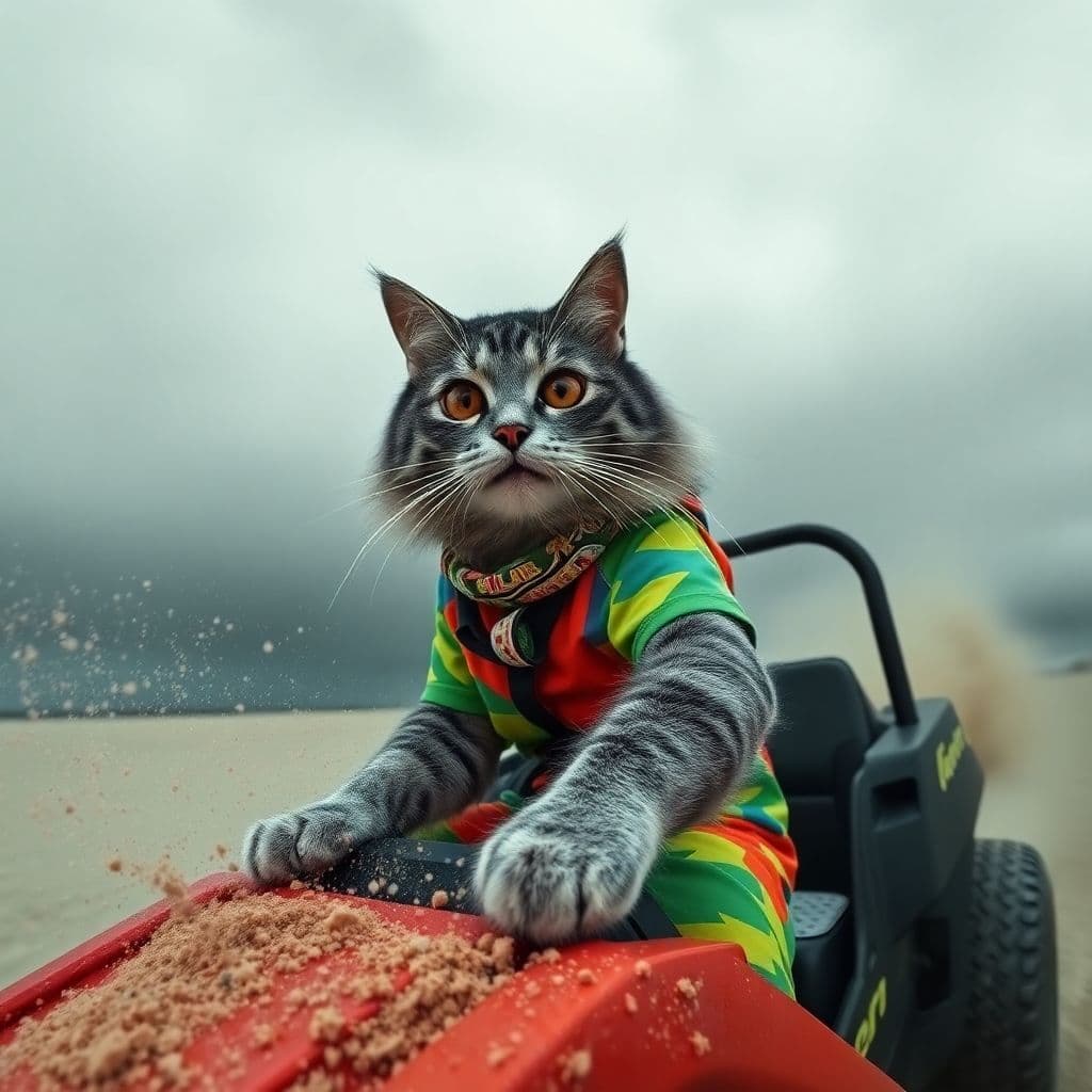 AI generated: Create an image of an extreme sports scenario featuring a real cat with a grey and black face and a ...