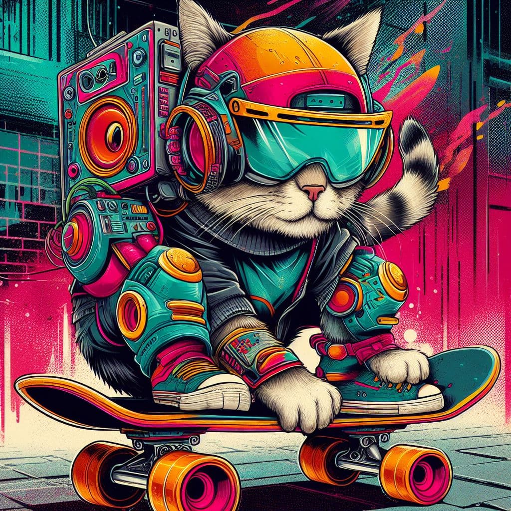 AI generated: a cool cat skating on a skateboard; wearing a futuristic headwear and blasting a sound system on its...