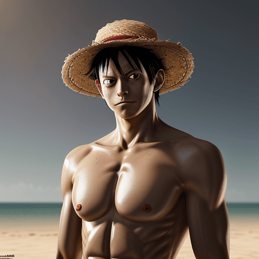 AI generated: Monkey D. Luffy, one piece anime, X-shaped scar on his chest, Straw Hat, symmetrical body, portrait,...