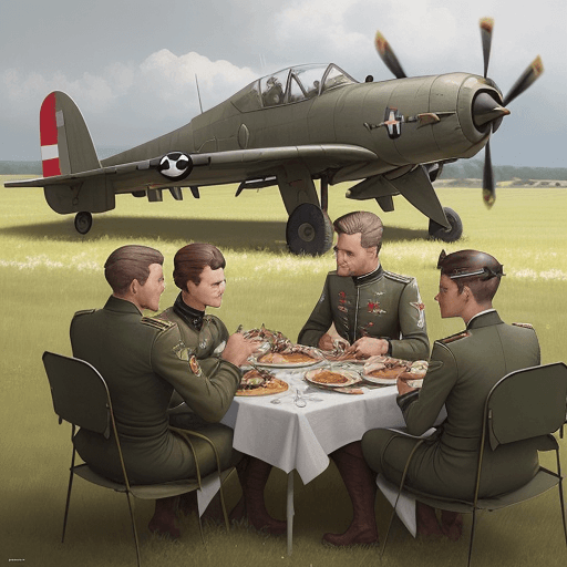 AI generated: Austrian pilots near battlefield camp airstrip in Germany, having lunch outdoors. Background Messers...