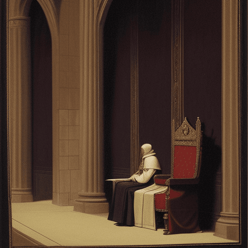 AI generated: A servant looks at another servant sits in front of the king in an empty throne room, medieval, side...