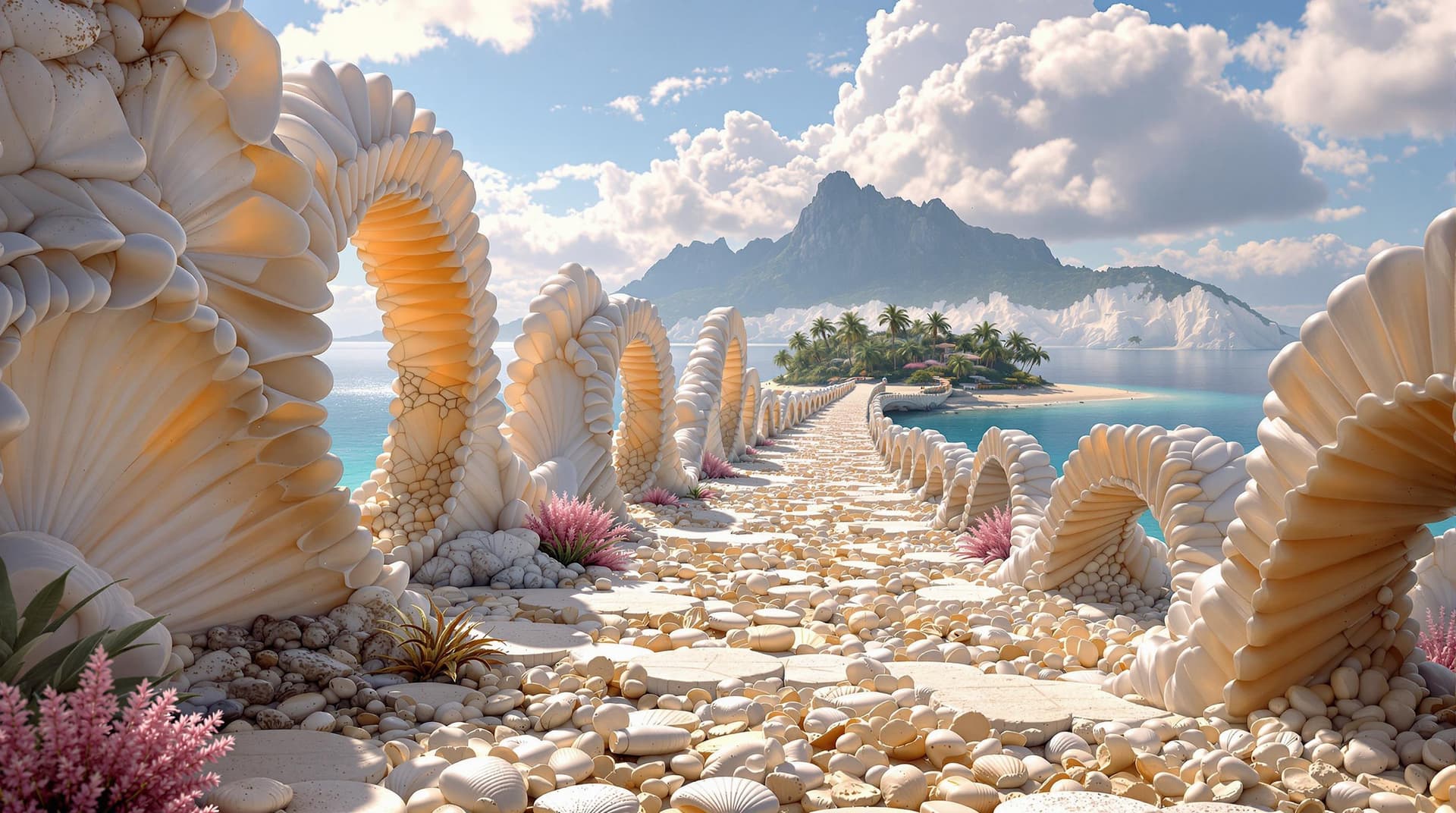 AI generated:  a long fictional bridge,made of giant seashells and pearl with high arches complex architecture, le...