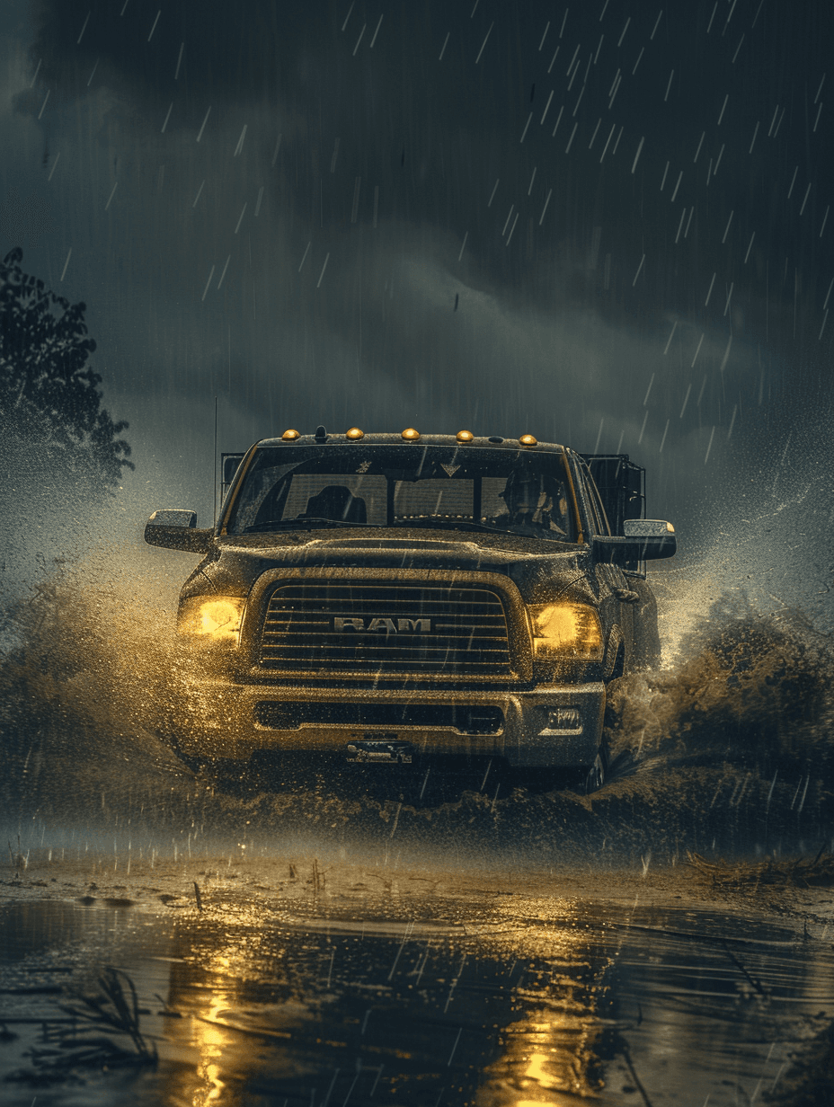 AI generated: a pdodge ram 2500, running, rain, realist, u4, Nikon D6, AF-S NIKKOR 70-200mm f/2.8E FL ED VR, dark ...
