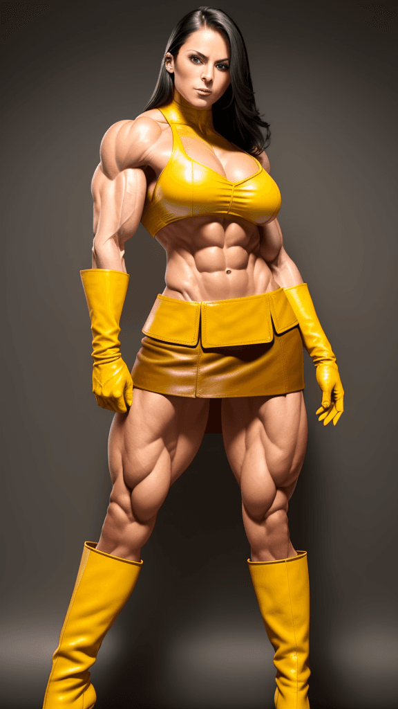 AI generated: 30 year old very muscular girl with muscular abs and toned biceps wears yellow Leather skirt, yellow...