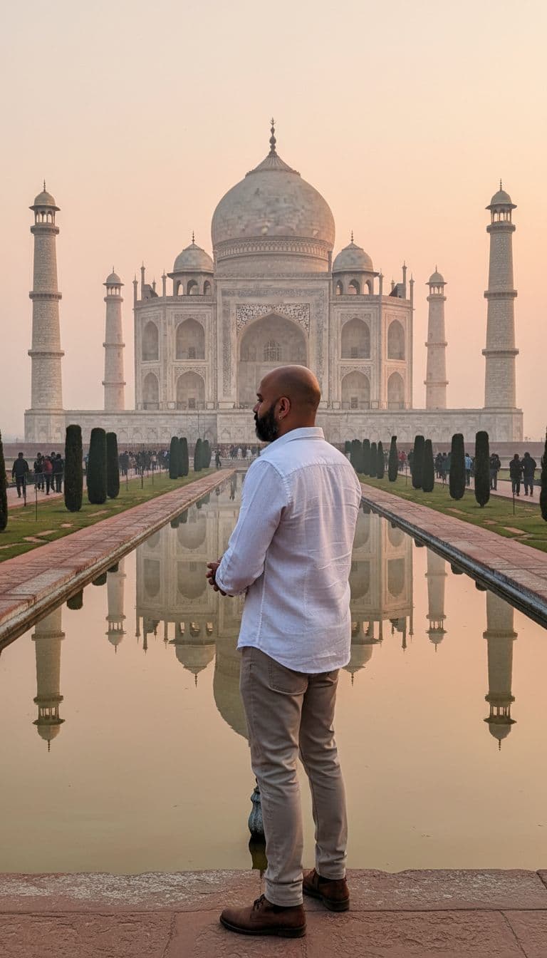 AI generated:  wide-angle shot of the Taj Mahal at sunrise, a man front of taj mahal, wearing a white linen shirt ...