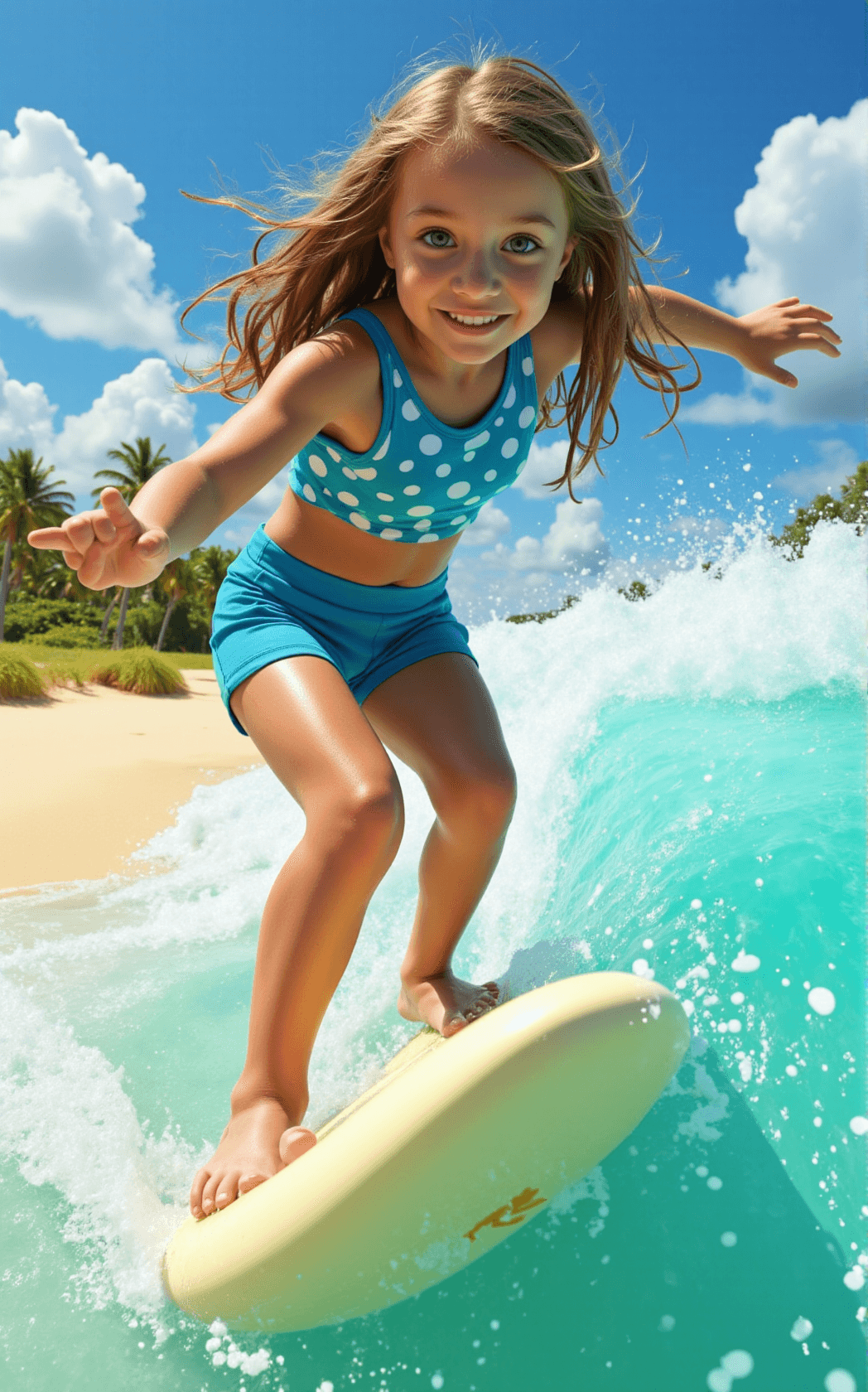 AI generated: A cheerful young girl with long, sun-kissed hair flowing freely down her back rides a surfboard with...