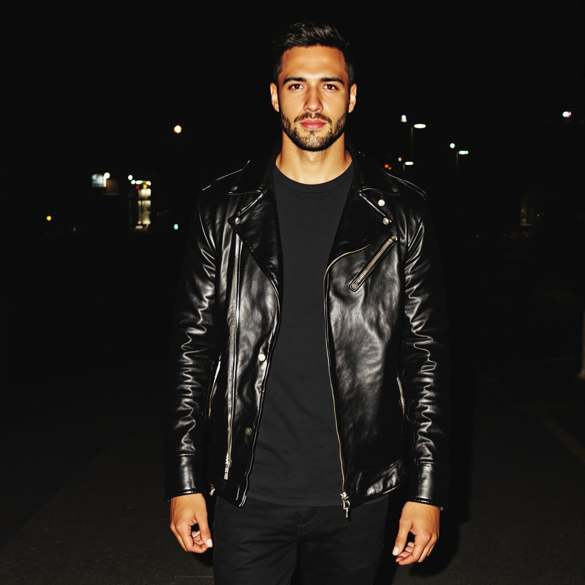 AI generated: A 30-year-old man in a sleek black leather jacket, paired with a matching black t-shirt and pants, s...