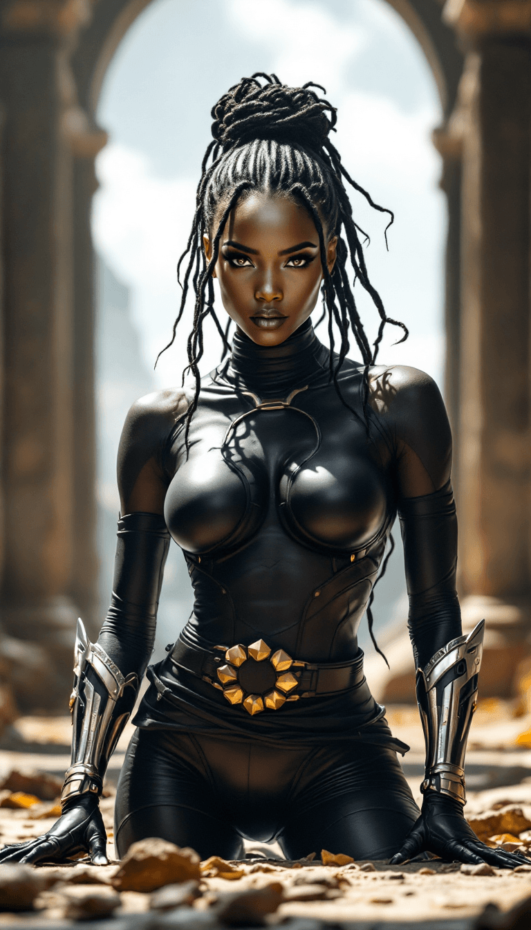 AI generated: Photo of a ultra realistic female African power ranger posed symmetrically