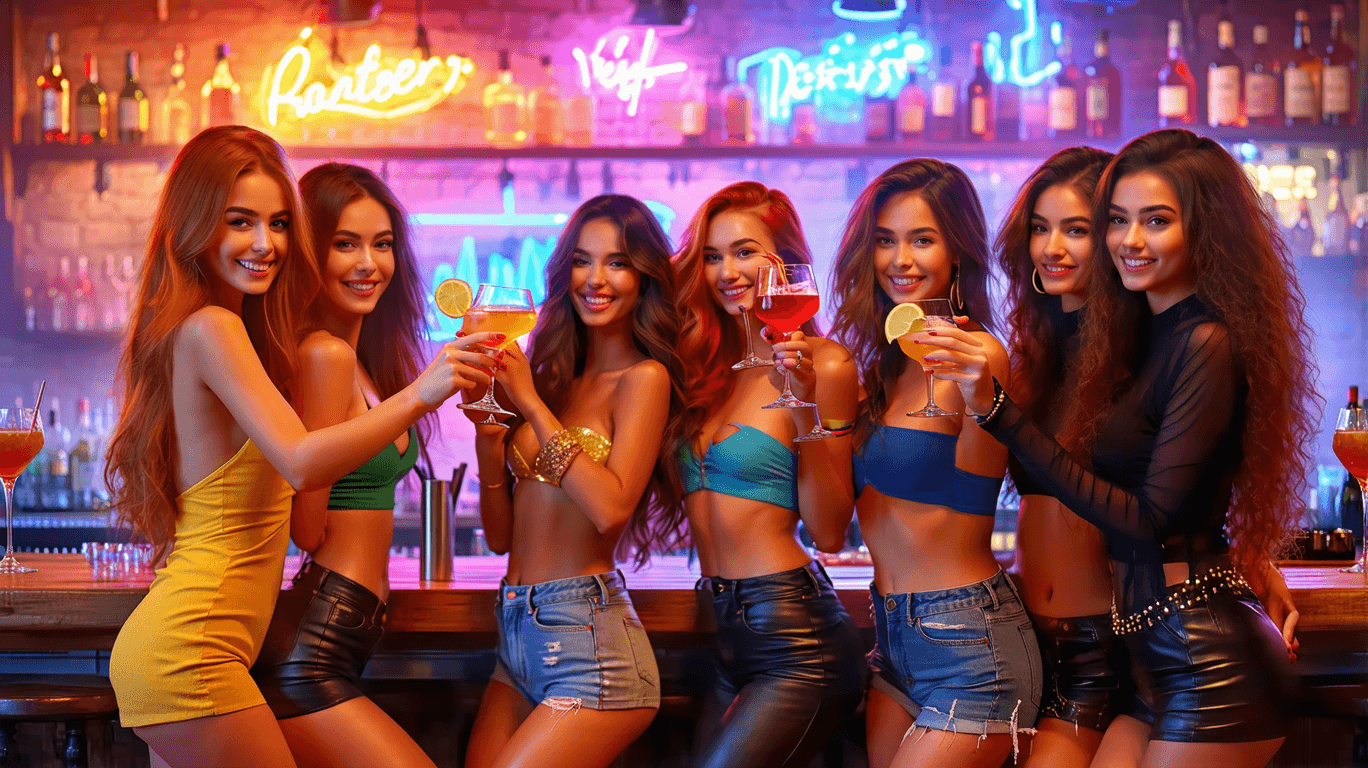 AI generated: Hyper-realistic, ultra high-definition wide panoramic scene inside a stylish bar, showing six stunni...