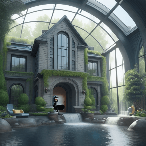 AI generated: Hyper realistic The Incredibles, Edna Mode's House, indoor waterfall, tall statues, open design, wat...