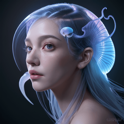 AI generated: Goddess close-up portrait ribcagel. jellyfish phoenix head, nautilus, orchid, skull, betta fish, bio...