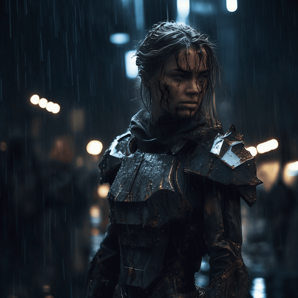 AI generated: girl wearing futurist armor| battle damaged armor| its a dark rainy night| epic fight scene| wounded...