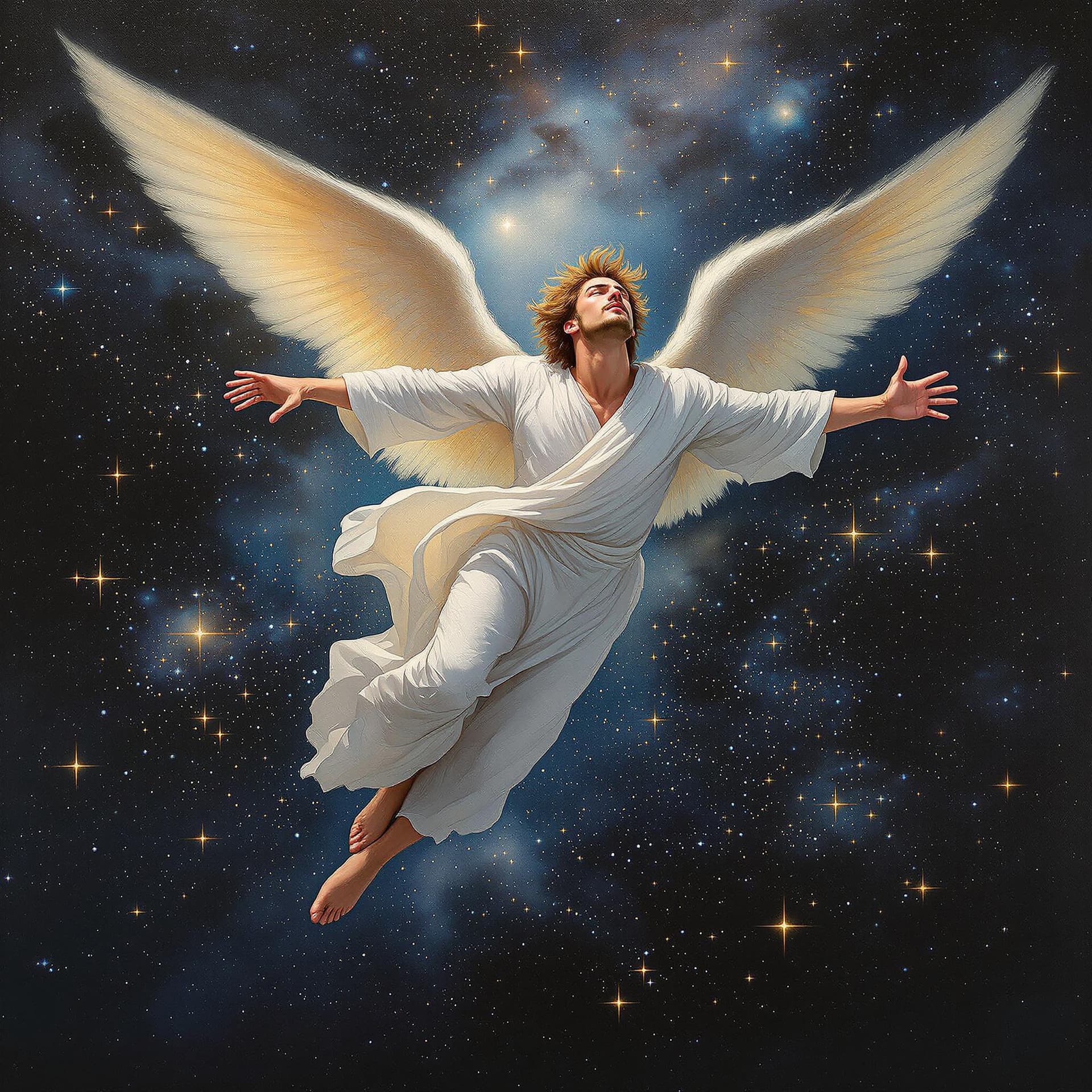 AI generated: An artist's oil painting of a masculine male, a strong angel, light brown hair, flying through the u...