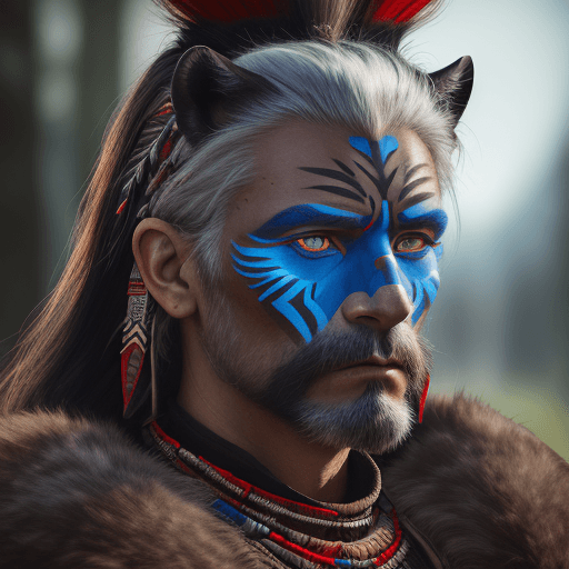 AI generated: hyperrealistic style, portrait photo of a Austrian old warrior chief, tribal panther make up, blue o...