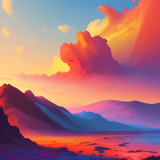 AI generated: painting of a a damaged landscape with a warm sky, vibrant digital painting, dreamlike digital paint...