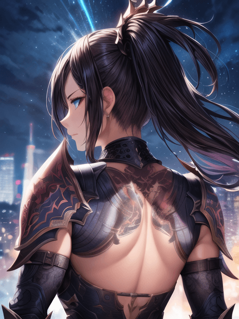 AI generated: digital painting, realistic face, masterpiece, night city background, in a ripped light leather armo...
