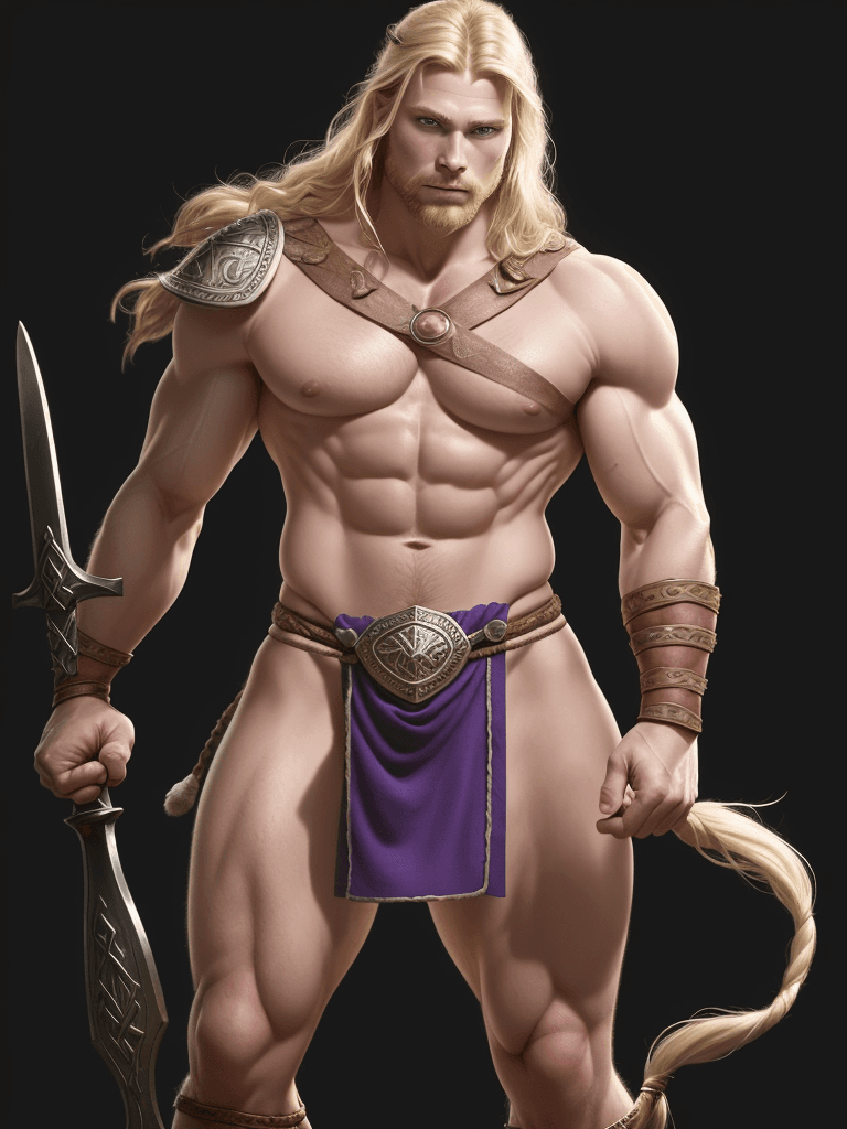 AI generated: Viking Warrior, caucasian complexion, big muscles and big thighs, blond hair, in his thirties, He we...