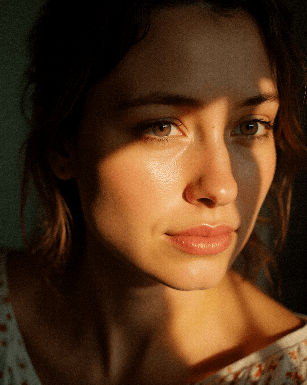 AI generated: Portrait of a young woman with soft natural lighting during golden hour, greenish-hazel eyes, gently...