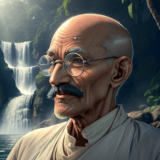 AI generated: Mahatma Gandhi 
Stunning visual photo of an older, bald man wearing round transparent glasses, defin...