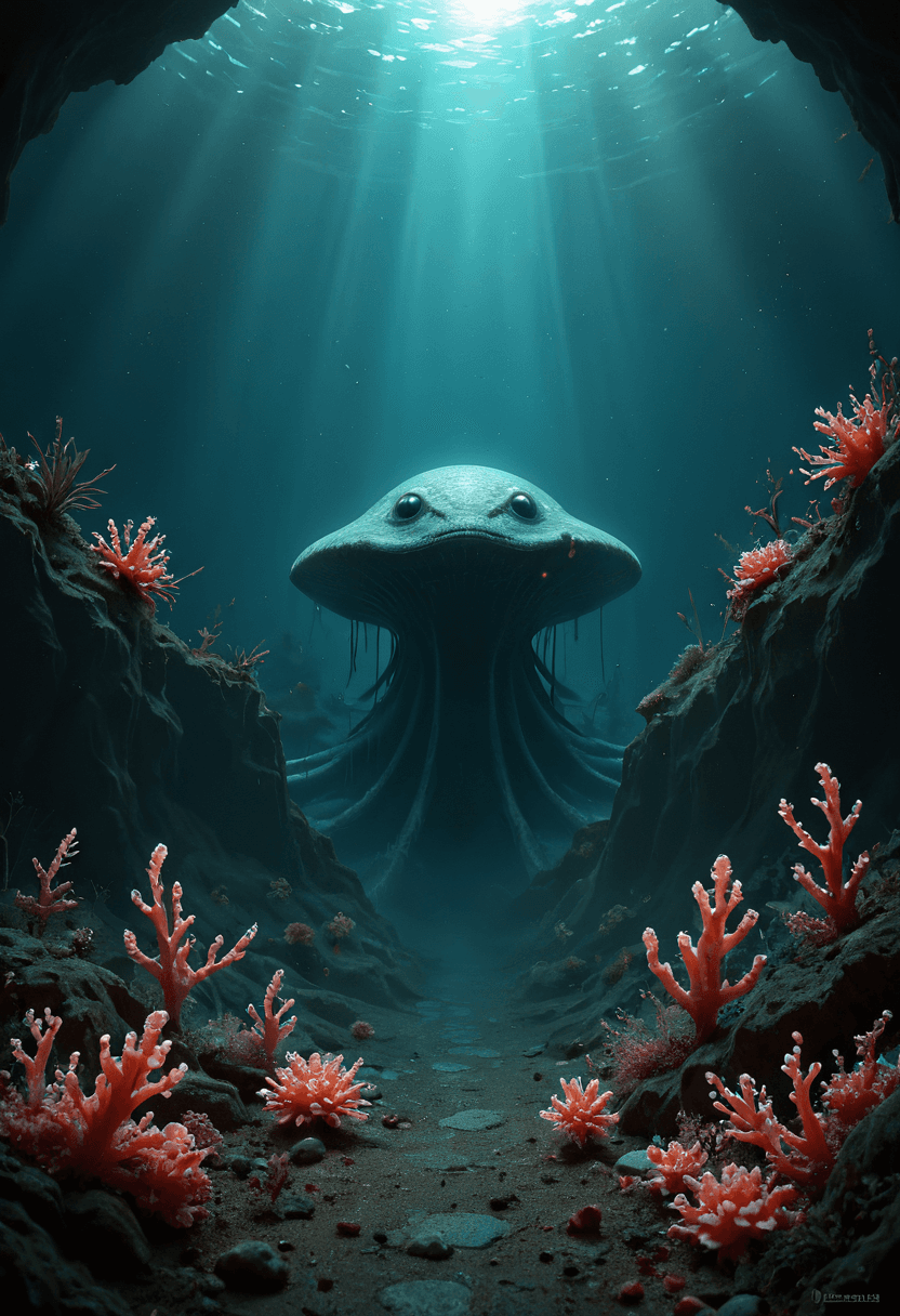 AI generated: Alien-themed A deep, alien ocean with bioluminescent plankton creating shifting waves that light up ...