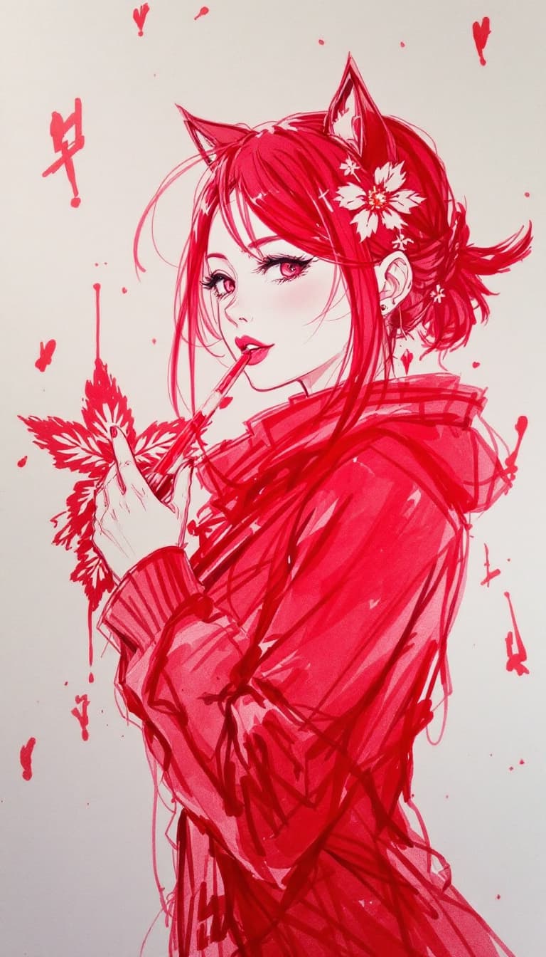 AI generated: girl, red pen drawing, sketch, anime, expressive