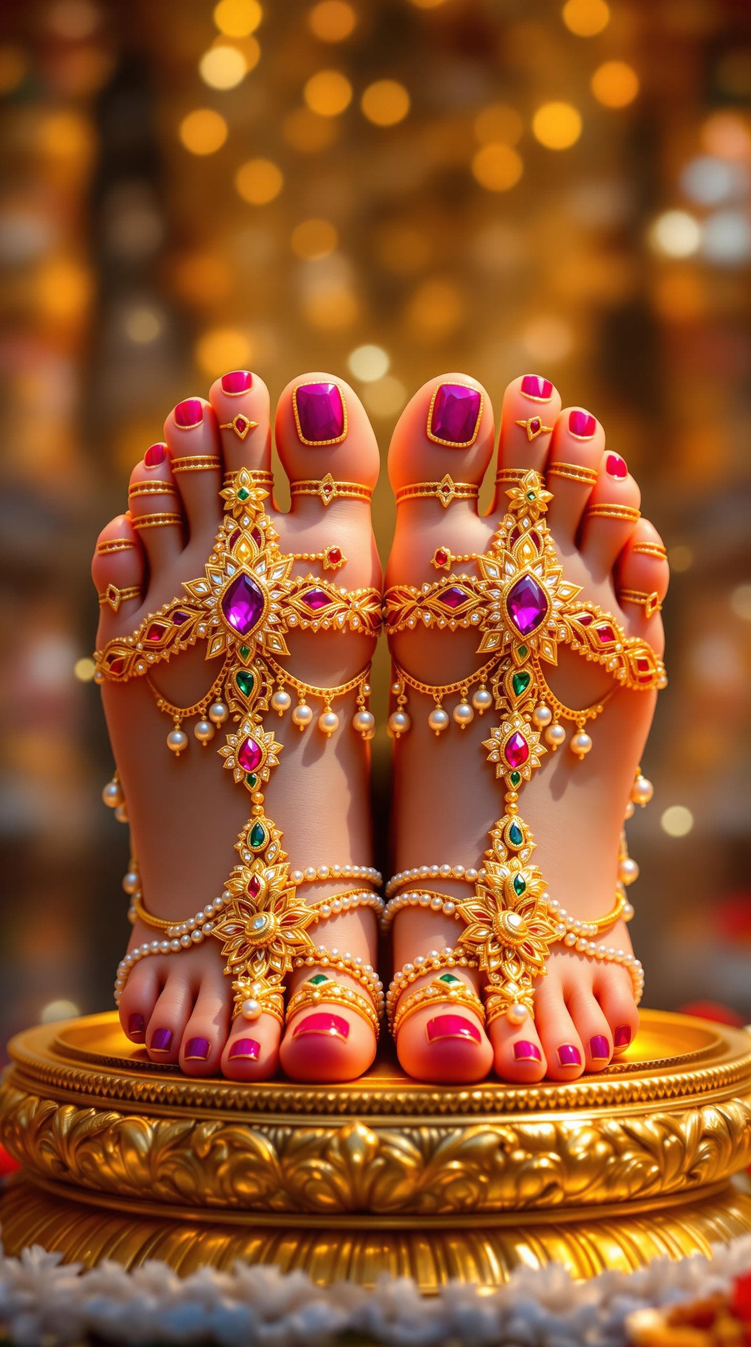 AI generated: "A highly detailed and ultra-HD 8K vertical image of divine feet adorned with intricate gold jewelry...