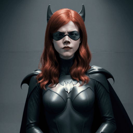 AI generated: Rose Leslie dressed as Batwoman, wearing a blindfold.