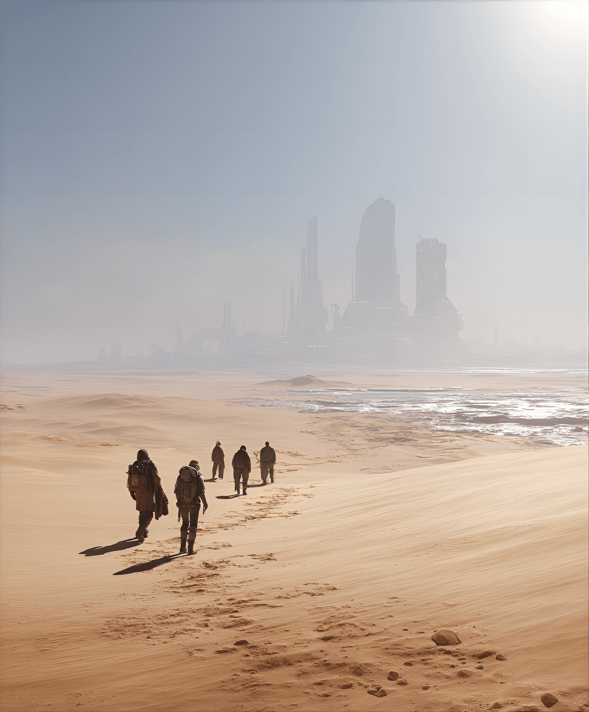 AI generated: dark sci-fi, sand dune, mirage style, travelers approaching a futuristic city on a desert planet, mi...