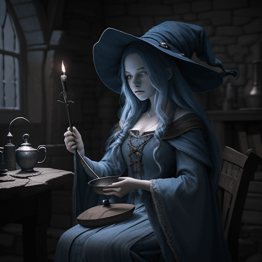 AI generated: A beautiful young witch with a <great wizard's blue hat> was sitting and stirring or mixing a potion...