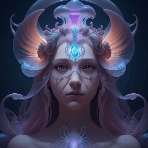 AI generated: Goddess close-up portrait ribcagel. jellyfish phoenix head, nautilus, orchid, skull, betta fish, bio...