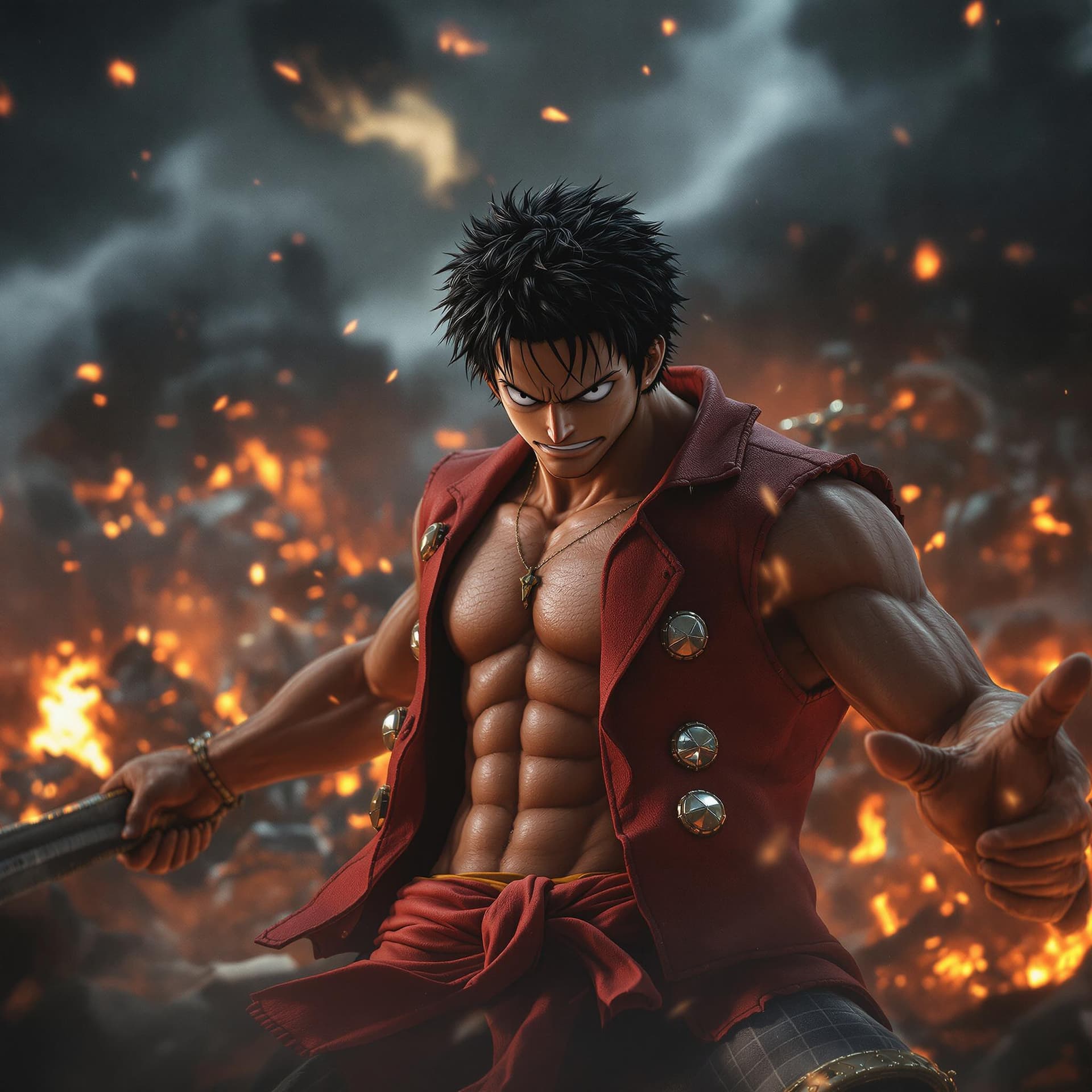 AI generated: Hyper realistic one piece character design, luffy, mist, photorealistic, octane render, unreal engin...