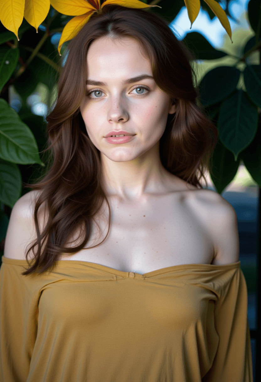 AI generated: A woman with long brunette hair and striking blue eyes is the focal point. She's wearing a mustard y...