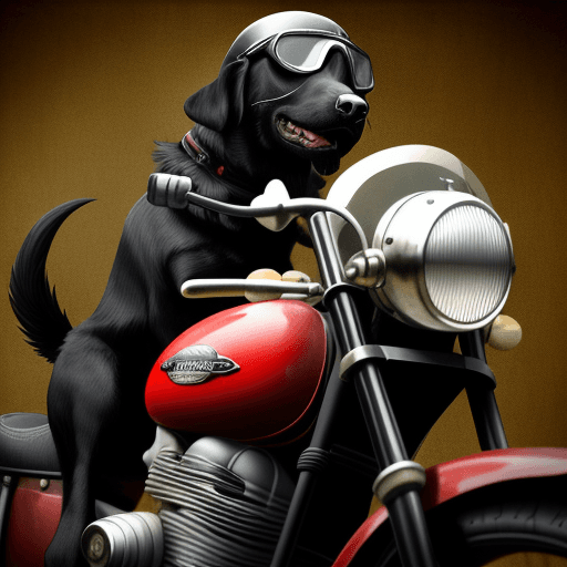 AI generated: black dog wearing a 1950's style motorcycle helmet and goggles --v 5 --s 250