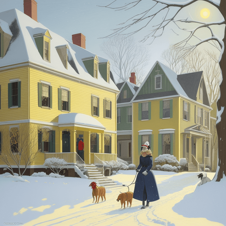 AI generated: a painting of a woman walking a dog in the snow, by Grace Cossington Smith, colonial house in backgr...