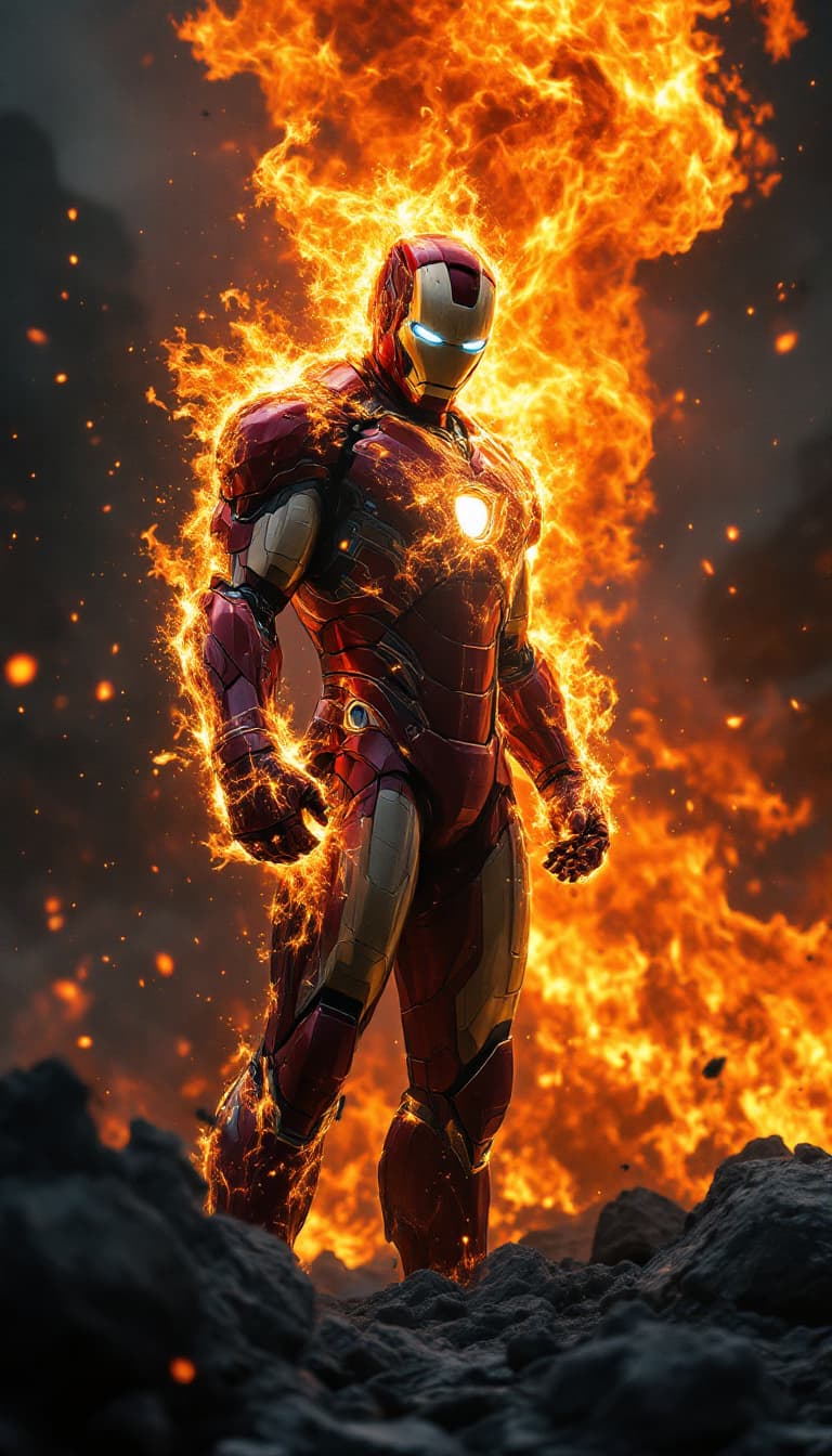 AI generated: Envision a fully body portrait of an iron man  super hero rising from the ashes, standing on rocky g...