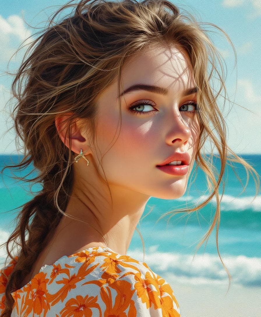 AI generated: Beach Beauties — hybrid digital oil painting combining smooth glazing on the face with clean impasto...