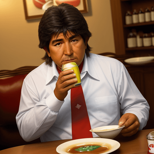 AI generated: evo morales comiendo una sopita de mani sentado en new york mirando de frente con su coca cola