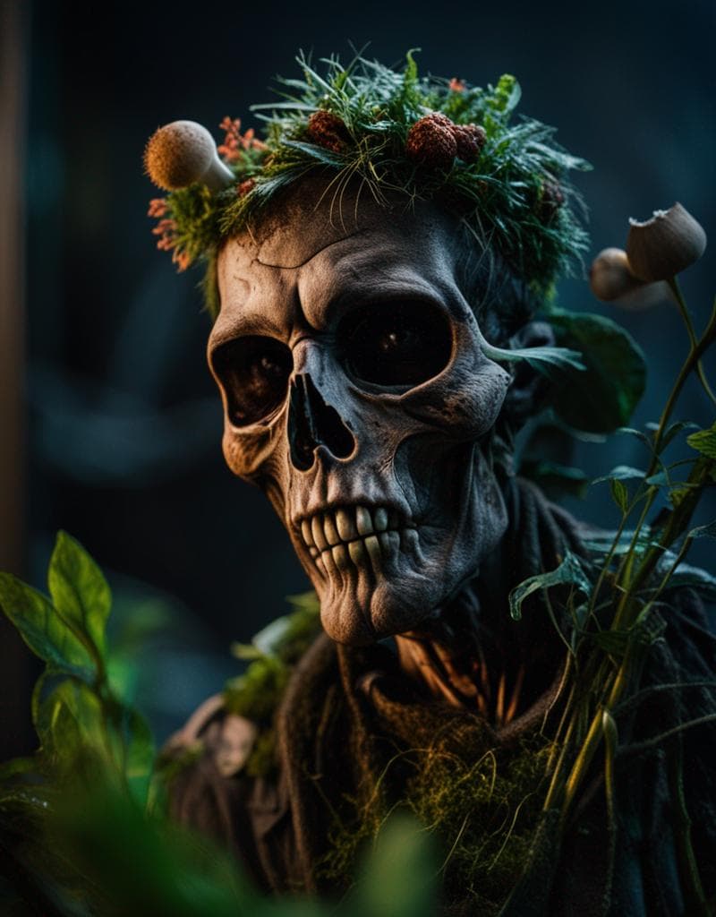 AI generated: Close posing portrait of an infected anthropomorphic lifeform based on scary human skeleton, zombie ...
