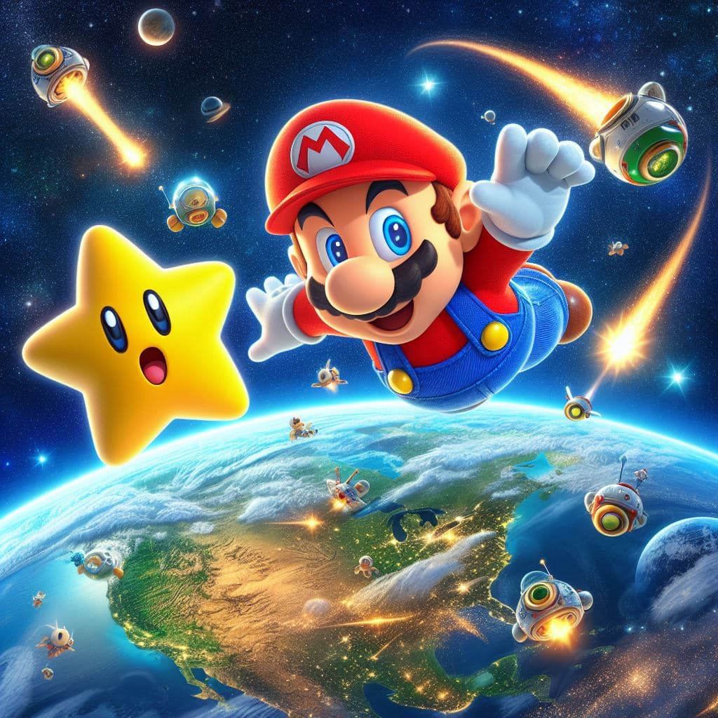 AI generated: Super Mario está sobrevolando el planeta del reino champiñón en el espacio con su acompañante la est...