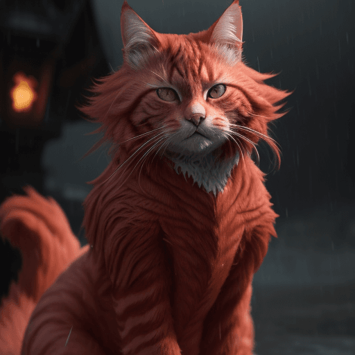 AI generated: Red cat, light armor with high ornamentation, fluffy fur, fog, damp, thunderstorm, 70mm, cinematic, ...