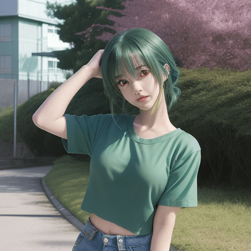 AI generated: anime girl in green shirt and blue shorts posing for picture, by Kose Kanaoka, anime visual of a cut...
