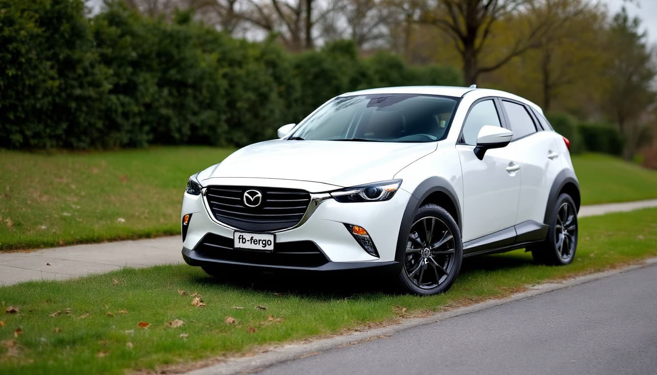 AI generated: photograph of a white Mazda CX-3 parked on a grassy area next to a concrete sidewalk, overcast light...