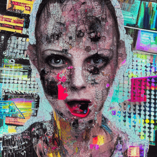 AI generated: Ultra detailed medium portrait painting, computer monitor head with human body, torn up punk poster,...