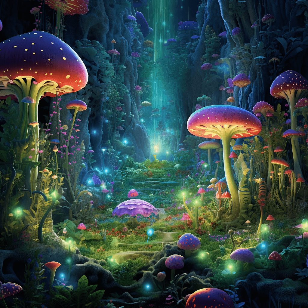 AI generated: Alien kwaii, resembling a plush toy, exploring a vibrant and exotic forest on a different planet, th...