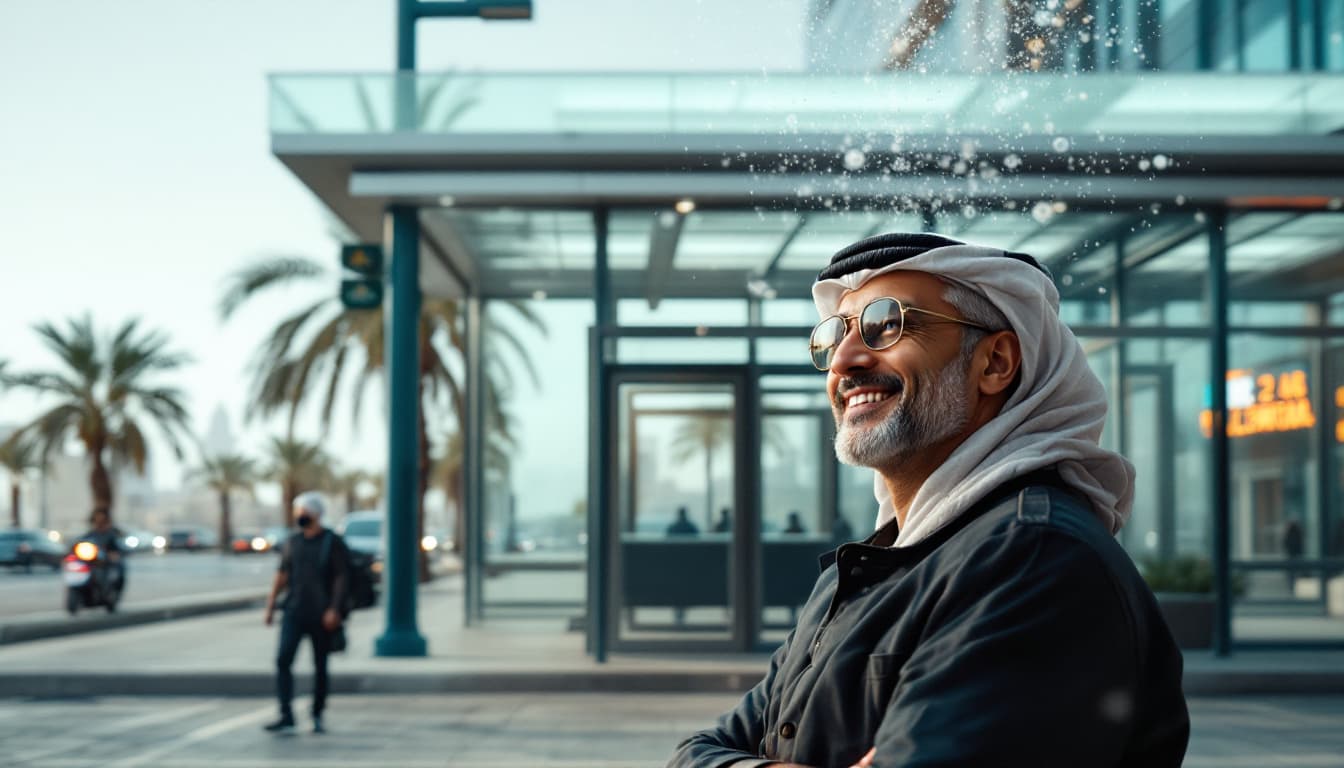AI generated: In Riyadh city, A passenger waits for the bus at the bus stop. the bus stop is a room of 2.5m high. ...