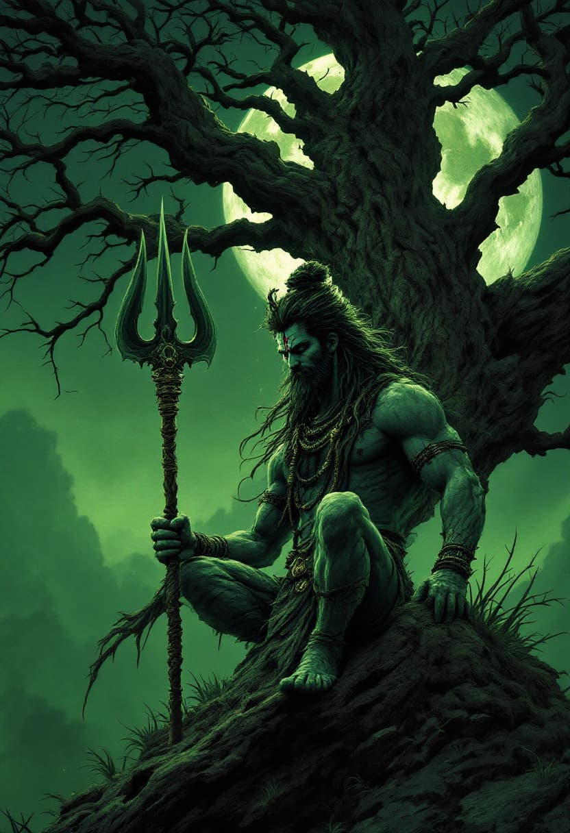 AI generated: A lord shiva figure sits on the edge of an old tree, holding a big trishul in one hand, under a full...